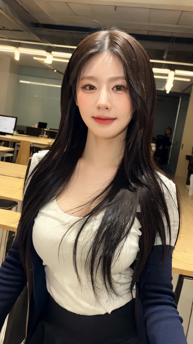 (1 cute Korean star), ((best quality, 8k, masterpiece: 1.3)), focus: 1.2, perfect body beauty: 1.4 , ((air bangs: 1.2)), (night, street: 1.3), highly detailed face and skin texture, fine eyes, double eyelids, whitened skin, (long hair: 1.3), (round face: 1.5), (short skirt, cool top matching: 1.6). smile
