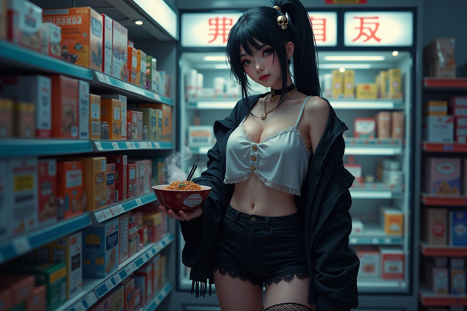 midnight nebulae starry_sky spacious moonset, A ultradetailed beautiful panting of a stylish girl wearing crop top in a convenience store, Oil painting, by Ilya Kuvshinov, Greg Rutkowski and Makoto Shinkai, heavenly beauty, barely clothed, ultra_high-details, ultra_high-quality, ultra_high-definition, ultra_high-resolution, UnrealEngine5 ultra Cinematic_sunLight, Epic tmasterpiece, dynamic composition, ultra-professional photorealistic, ultra-detailed, large breasts, BREAK holding a coffee cup, BREAK (car outdoors:1.2 deep path equirectangular) , glass, "Heavy Metal" chrome, extremely detailed, reflection, reveal transparent, varies multi etc. --v 6 --s 1000 --c 20 --q 5 --chaos 10