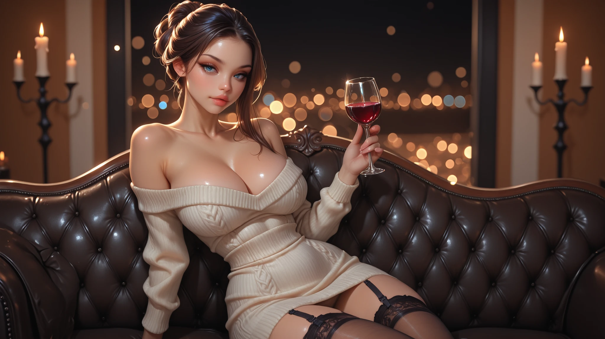 Cristina Hendricks, rosto bonito, olhos grandes, cabelo longo, peitos grandes, Legal ,holding wine glass, Olhar sedutor, excitado, ancas grandes, quadris largos, figura de ampulheta, cintura fina, fishnet stockings, no hotel, no quarto, em cima da cama, (extremely naked, nua, pelada))