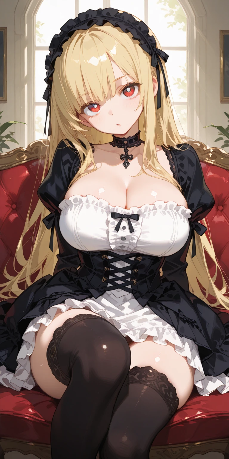 A woman with big ,Gorgeous woman,victorian style,clavicle,Prominent and smooth underboob,long blonde hair,maid outfit,exquisite,thin waist,pubic,long legs,shed tears,Fear,Clean the living room,