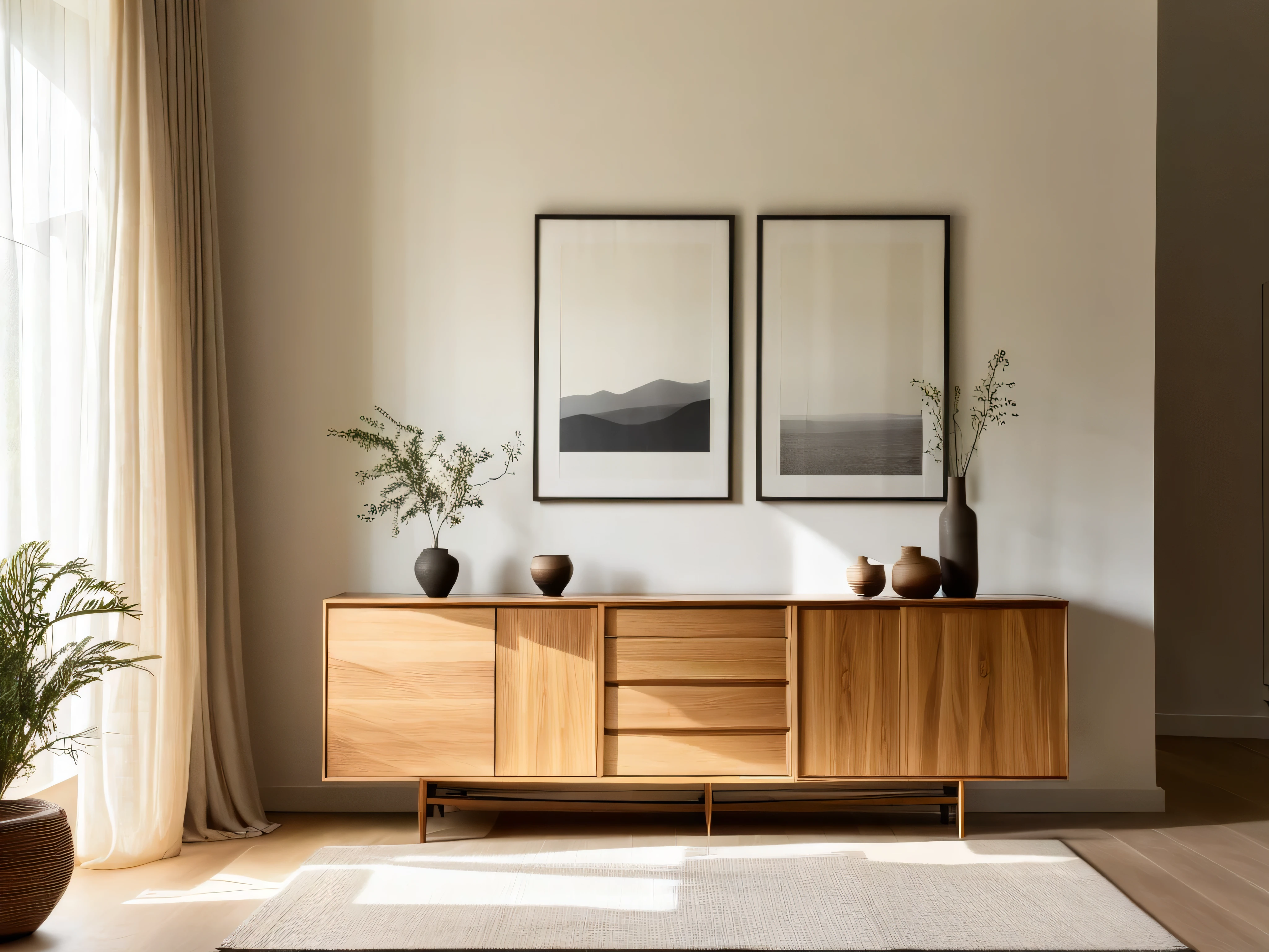 A modern minimalist living room with a wooden sideboard, sheer curtains flowing by the window, and a large blank frame on the wall, softly lit by natural sunlight