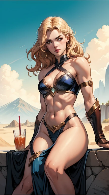 MILF de cuerpo completo BIMBO de pie con dos muslos largos, ojos amarillos, pelo rubio, cabello corto, pechos grandes escote, mangas separadas, ((fondo verse 1:2)), tiara real, capa larga, bikini tigre amarillo, Tacones altos, manos en la cintura, ombligo, cara de sonrisa lujuriosa y sonriente (rubor rojo), hombros de metal, brazales dorados sin mangas, gargantilla negra