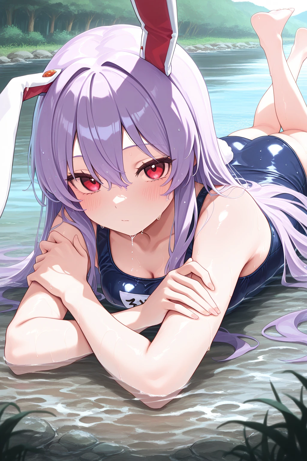 Long hair, lie on one's side,sea beach,The tree,Pink striped bikini,Red eyes,White color hair,Childlike big breasts,shy,kamisato_ayaka