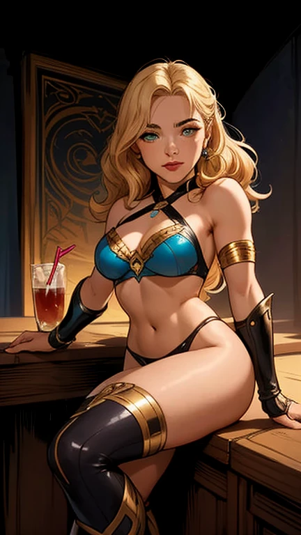 best quality, 8k, woman,blonde,beautiful,big eyelashes, little smile, looking to observer, cleavage,rabbit ears tiarachocolate leotard over beige bodystocking, holding one beer glass