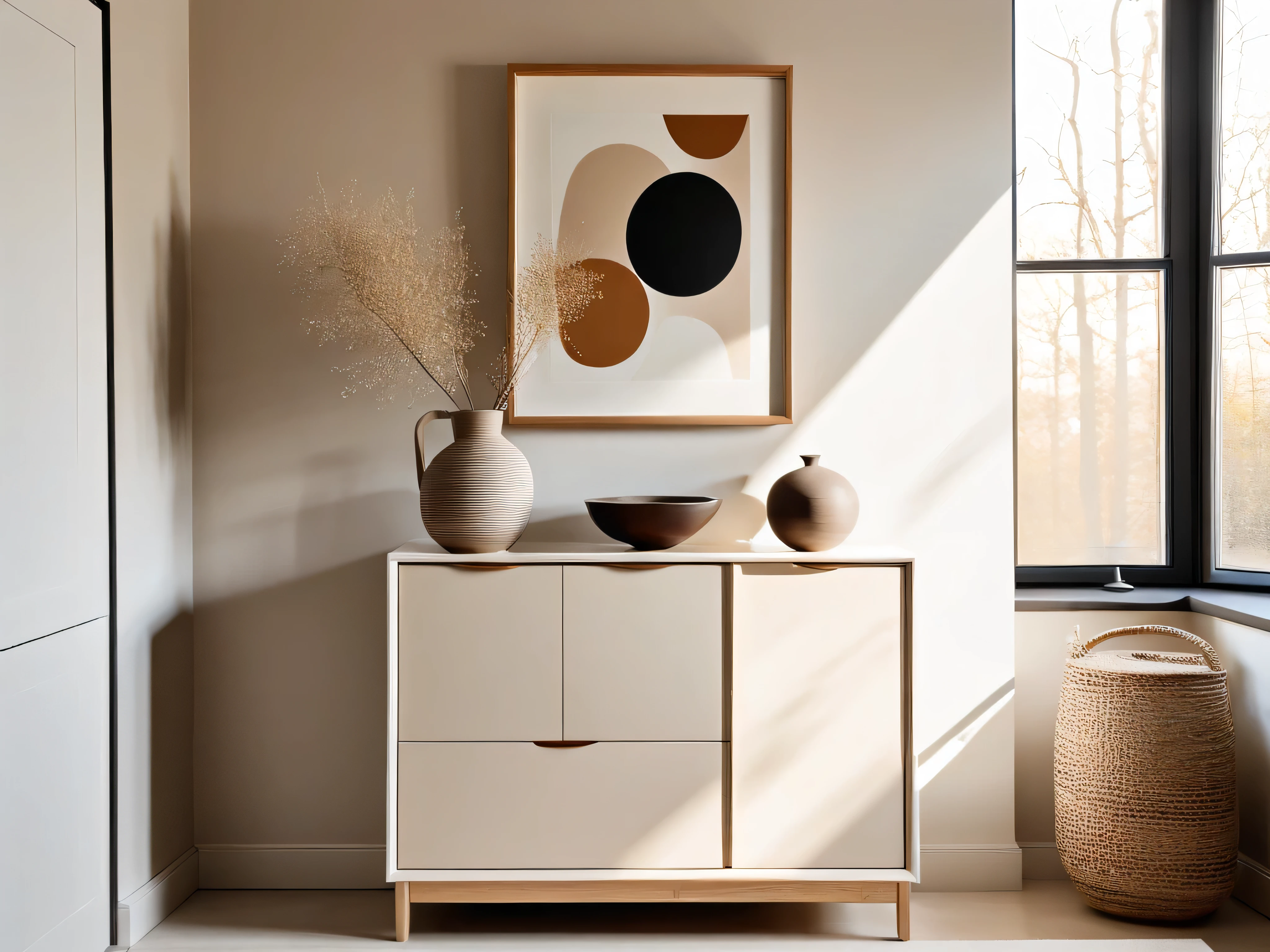 Scandinavian-style interior featuring a neutral-toned cabinet, abstract ceramic decor, and a blank canvas frame, bathed in morning light.