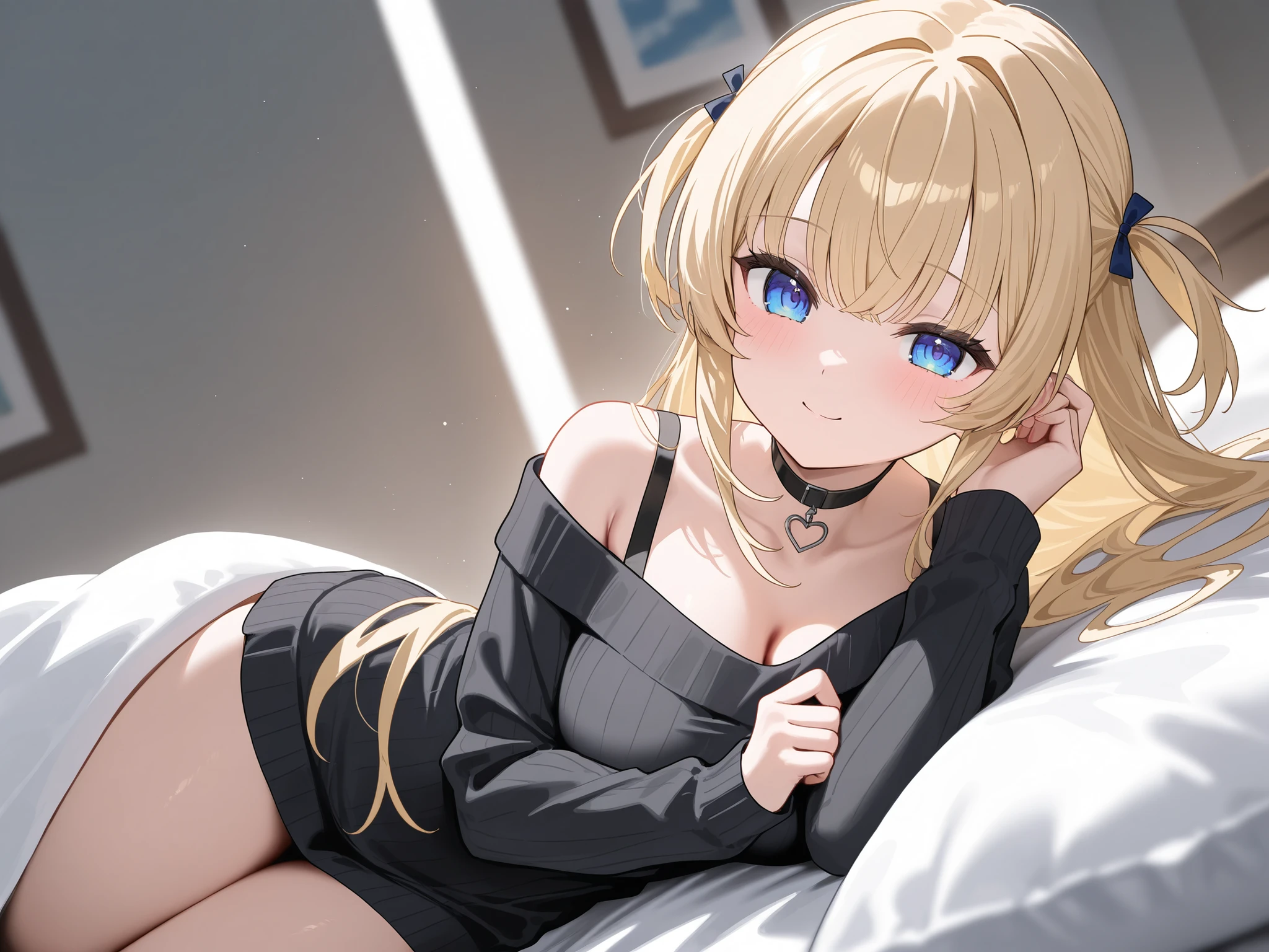 arafed woman fully , sexy girl with blue eyes, 33 years old, ultra realistic, meticulously detailed, portrait sophie mudd, blonde hair and large eyes, bedroom eyes, violet myers, without makeup, makeup, subtle makeup, stunning full body shot kneeling on bed, in bedroom, large size bust, 縦リブ生地のセータードレス、大きな胸の谷間