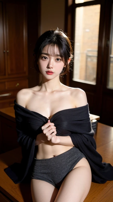 (extremely detailed CG unity 8k wallpaper), (masterpiece), (best quality), (ultra-detailed), (best illustration), (best shadow), (photorealistic:1.4), 1girl on street, Kpop idol, ((very oversize sweater, open sweater)), (grey hair:1.2), no bra, collarbone, no panties, (small breasts:1.3), looking at viewer, smile, full body, <lora:koreanDollLikeness_v10:0.3>,
