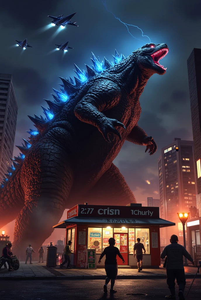 Concept:
Hi3_godzilla, Godzilla attacks a city at night, his enormous foot about to crush a small convenience store.

Main Character:
Hi3_godzilla, with glowing blue eyes, an open snout, and a bright blue light emanating from it, his enormous scaly foot raised in the air, just above a small convenience store. His expression is ferocious and unstoppable, lightning and a blue aura surround his body.

Other Characters:
A terrified store employee and several civilians run out of the store, their faces filled with panic. They are illuminated by the store's lights and explosions in the background.

Action/Interaction:
Godzilla's foot is in the air, just a moment before impacting the store. Humans below are caught in the chaos, trying to escape. Fighter jets cross the sky, launching missiles toward the monster. The city is in a state of total emergency.

Background:
The scene takes place in a dense urban area at night. Skyscrapers burn in the distance, emergency lights flash everywhere, and the sky is filled with smoke and glowing clouds. The "24/7" convenience store is small, well-lit, and, curiously, untouched—for now—making the impact even more dramatic.

Visual Highlights:
Fire, smoke, and debris fill the air. The contrast between the enormous figure of Godzilla and the tiny store creates a powerful effect of scale. Explosions are reflected off the buildings, while the street is littered with abandoned objects, broken glass, and flickering lights.

Lighting and Atmosphere:
A dark and dramatic night scene with intense orange and red hues from the burning buildings. Emergency lights, spotlights, and explosions create stark contrasts of light and shadow. The atmosphere is apocalyptic, intense, and chaotic.

Style:
Realistic cinematic artwork with highly detailed textures: Godzilla's skin, the destruction, the flames, and the people's expressions are all crisp and expressive. Emphasis on scale, destruction, and dynamic movement.