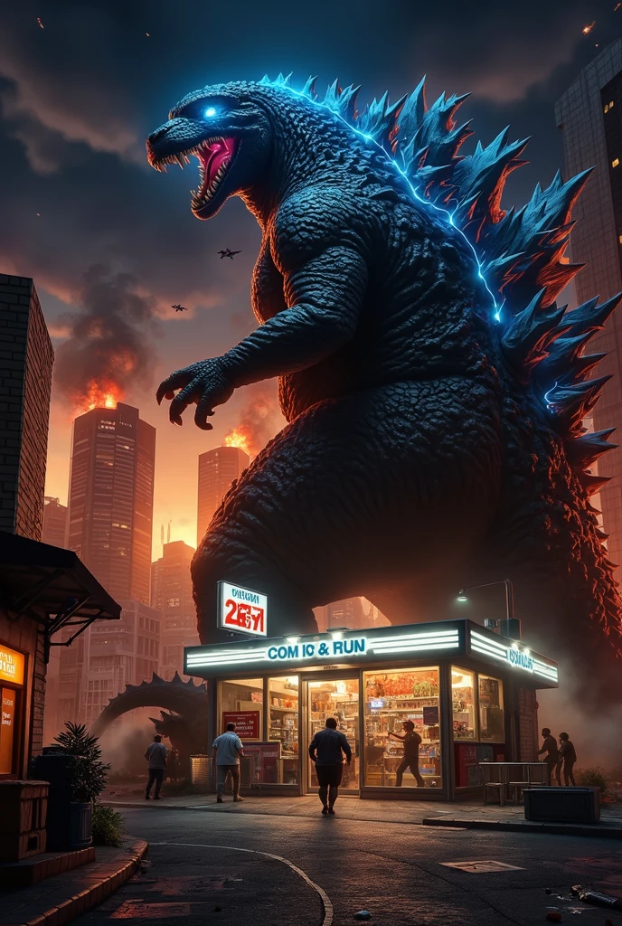 Concept:
Hi3_godzilla, Godzilla attacks a city at night, his enormous foot about to crush a small convenience store.

Main Character:
Hi3_godzilla, with glowing blue eyes, an open snout, and a bright blue light emanating from it, his enormous scaly foot raised in the air, just above a small convenience store. His expression is ferocious and unstoppable, lightning and a blue aura surround his body.

Other Characters:
A terrified store employee and several civilians run out of the store, their faces filled with panic. They are illuminated by the store's lights and explosions in the background.

Action/Interaction:
Godzilla's foot is in the air, just a moment before impacting the store. Humans below are caught in the chaos, trying to escape. Fighter jets cross the sky, launching missiles toward the monster. The city is in a state of total emergency.

Background:
The scene takes place in a dense urban area at night. Skyscrapers burn in the distance, emergency lights flash everywhere, and the sky is filled with smoke and glowing clouds. The "24/7" convenience store is small, well-lit, and, curiously, untouched—for now—making the impact even more dramatic.

Visual Highlights:
Fire, smoke, and debris fill the air. The contrast between the enormous figure of Godzilla and the tiny store creates a powerful effect of scale. Explosions are reflected off the buildings, while the street is littered with abandoned objects, broken glass, and flickering lights.

Lighting and Atmosphere:
A dark and dramatic night scene with intense orange and red hues from the burning buildings. Emergency lights, spotlights, and explosions create stark contrasts of light and shadow. The atmosphere is apocalyptic, intense, and chaotic.

Style:
Realistic cinematic artwork with highly detailed textures: Godzilla's skin, the destruction, the flames, and the people's expressions are all crisp and expressive. Emphasis on scale, destruction, and dynamic movement.