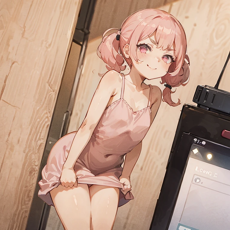 ((masutepiece, Best Quality, hight resolution, nffsw, Perfect Pixel, depth of fields, 4K, )), 1girl in, Solo, , Beautiful anime girl, Beautiful Art Style,
very low view angle:1.3, hotel room background, standing,
Perfect body, smile,
Yuigahama Yui, Hair bun, short hair, large breasts, selfie in mirror:1.5,
Full face blush, ,Virgin killer sweater, sleeveless turtleneck, white sweater dress, red face,
straight-on:1.3, medium shot