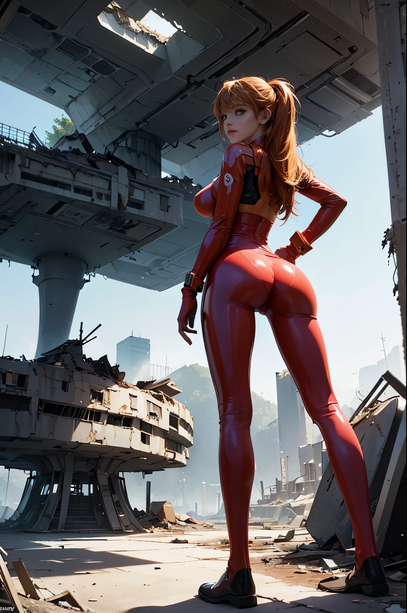1 girl, Asuka Langley Shikinamy, ((Evangelion)), abierto, agachada en plugsuit transparente, (((DeepVnecklineslipdress))), (pechos grandes:1.27), Enorme areola , (((perfecto))), View from behind, view from back, (((deslizamiento de areola))),((areolas hinchadas)),((Sideboob)),(((cuello))), beautiful woman, Mujer preciosa, Hermosa joven, Chica con pelo largo, pelirrojo, Cara joven adorable, female idol portrait, peinado desordenado, ((Walking through a desert city)), ulzzang, ulzzang-6500-v1.1, pureerosface_v1, maquillaje coreano popular, maquillaje popular de Corea del Sur, con el pelo largo, (8k, foto RAW, La mejor calidad, obra maestra: 1.45), (NSFW:1.35), Trazado de rayos, NVIDIA RTX, Super resolution, Irreal 5, Sub-Surface Scatterring, Texturas PBR, postprocesamiento, Anisotropic filtering, profundidad de campo, maximum sharpness and sharpness, Texturas multicapa, Mapeo de albedo y especular, sombreado de superficie, Accurate simulation of light-material interactions, proporciones perfectas, octane representation, duotone lighting, ISO bajo, balance de blancos, regla de tercios, apertura amplia, 8K RAW, high-efficiency subpixels, sub-pixel convolution, glow particles