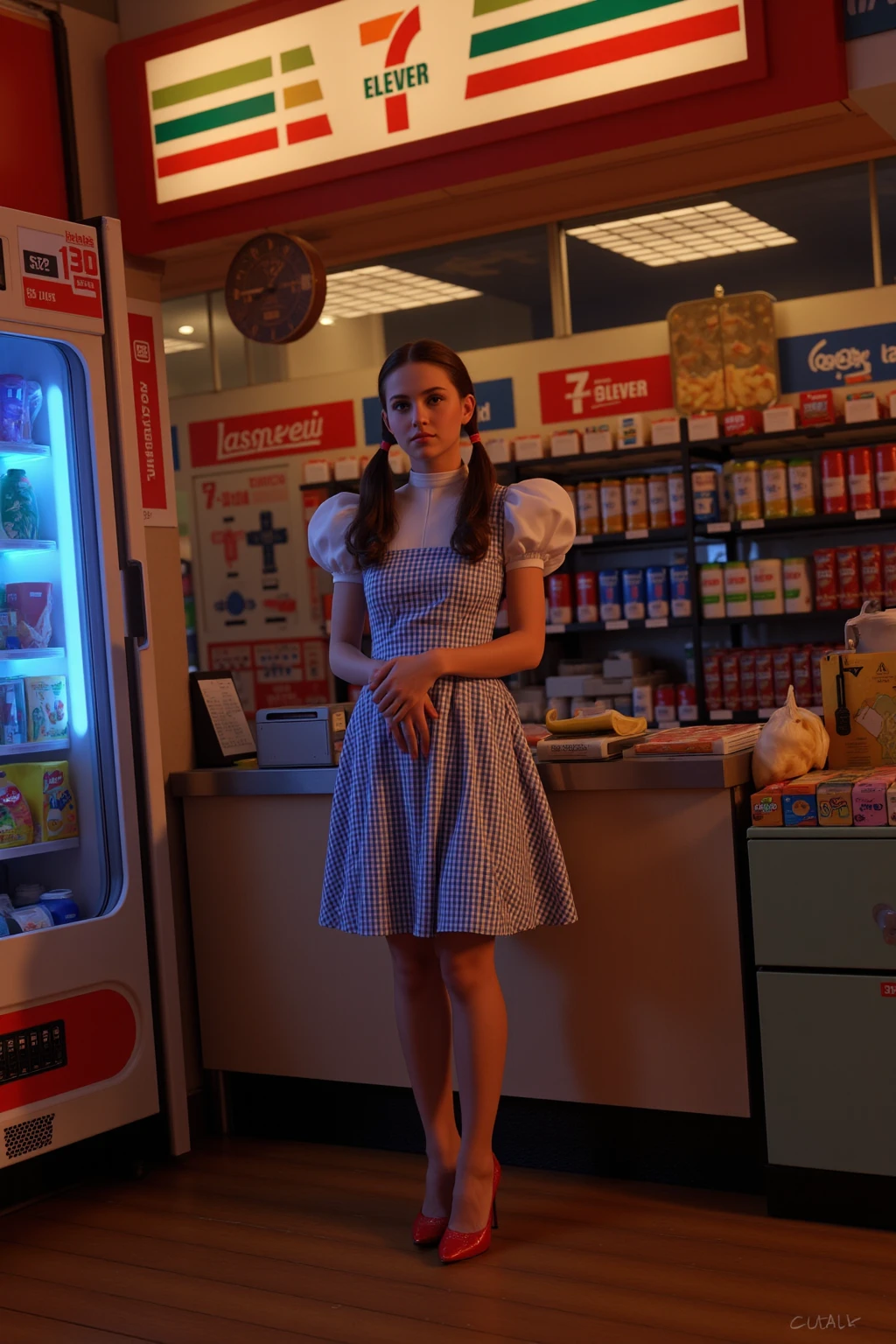 (masterpiece:1.3) 1girl, , (female serial killer:1.5) (skinny with an ugly face:1.3) working at Walmart, wearing an apron with topless under the apron, wide eyes, blood stains on clothes, short khaki shorts, big evil smile, (holding a knife:1.3), horror Walmart background, florescent grocery store lighting, deep shadows , extreme details, , complimentary lighting colors, deep skin, , brightly colored composition, "constricted pupils, small pupils, yellow glowing eyes", Slender Girl, OL, JK, purple bags_under_eyes, (
downblouse, BarbaraEvenot, Bags und