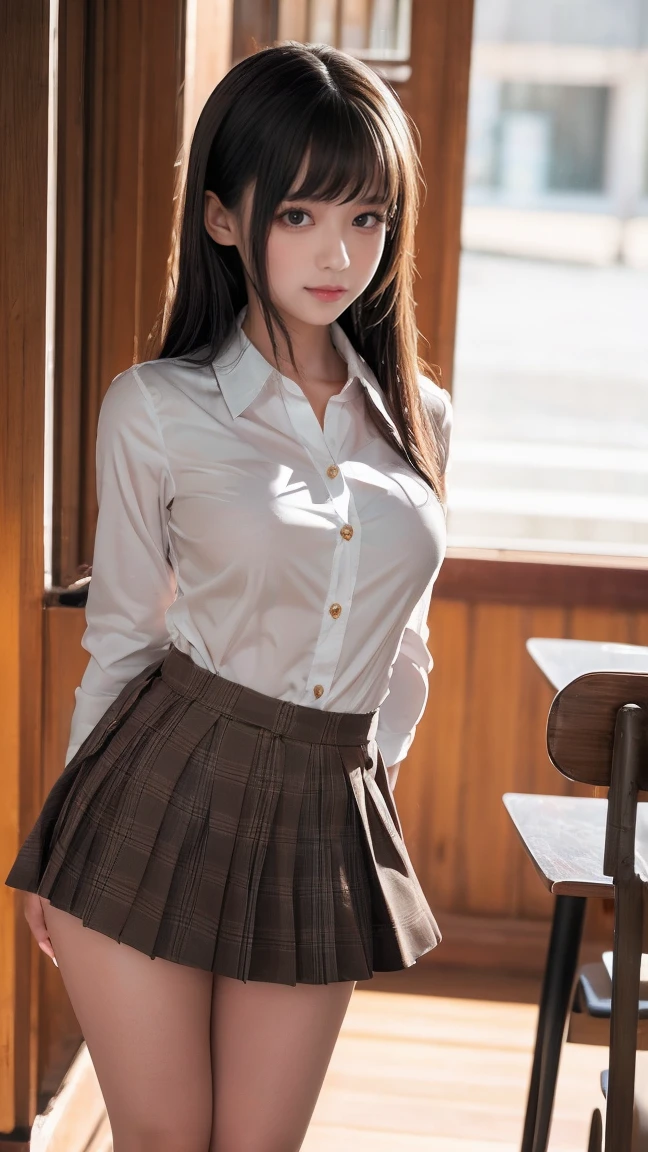 ((Beautiful Japanese Girls:1.3)) ((School uniform:1.4)) ((Panty shot:1.5)) ((high school)),((See-through vinyl skirt:1.3)) ((In the classroom:1.3)) ((thin_fabric:1.4))((Transparent nipples:1.2)) ((Random sexy poses:1.3)) ((Sweaty:1.5))((Blushing:1.4)) ((Beautiful breasts:1.4)) ((close:1.2)) Highest quality,masterpiece,Ultra-high resolution,(Realistic:1.4),RAW Photos,(Real skin texture:1.3),(Film Grain:1.3),Panorama,Character Portrait,Very wide shot,Tight waist,Cowboy Shot,(In the Dark, Deep Shadow, Modest, Cold Light,) night,(()),Tears flow,,Dust,Tyndall effect,(Performance),One girl,Beautiful and detailed eyes and face,White Jabot,Brown eyes,((Brown Hair:1.2)) ((whole body:1.3)) ,smile