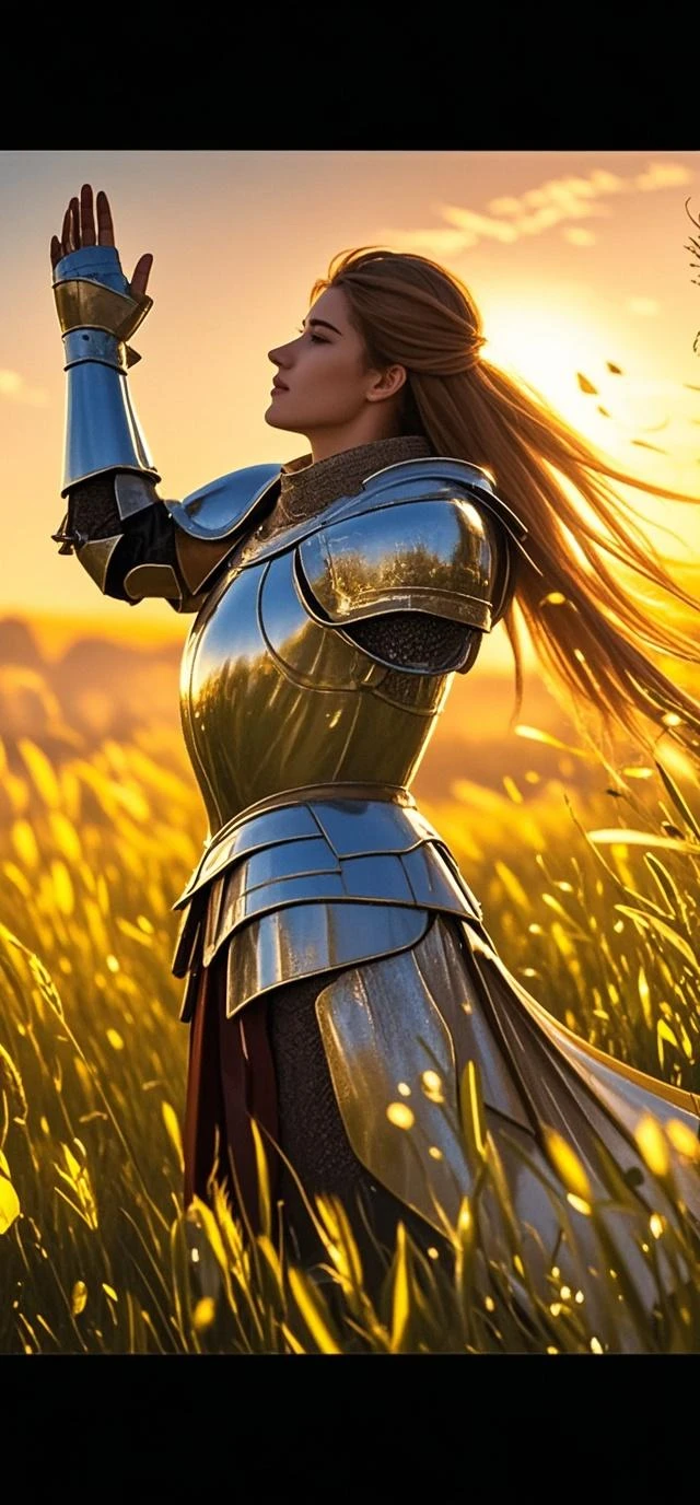 (Masterpiece), (1girl), (best quality), (best artist), (best intensity), (best environment and background), (best landscape), a warrior girl wearing armor, long brown hair, yellow eyes, landscape of flowering fields, semi-dark, neutral lighting, a little without lighting.