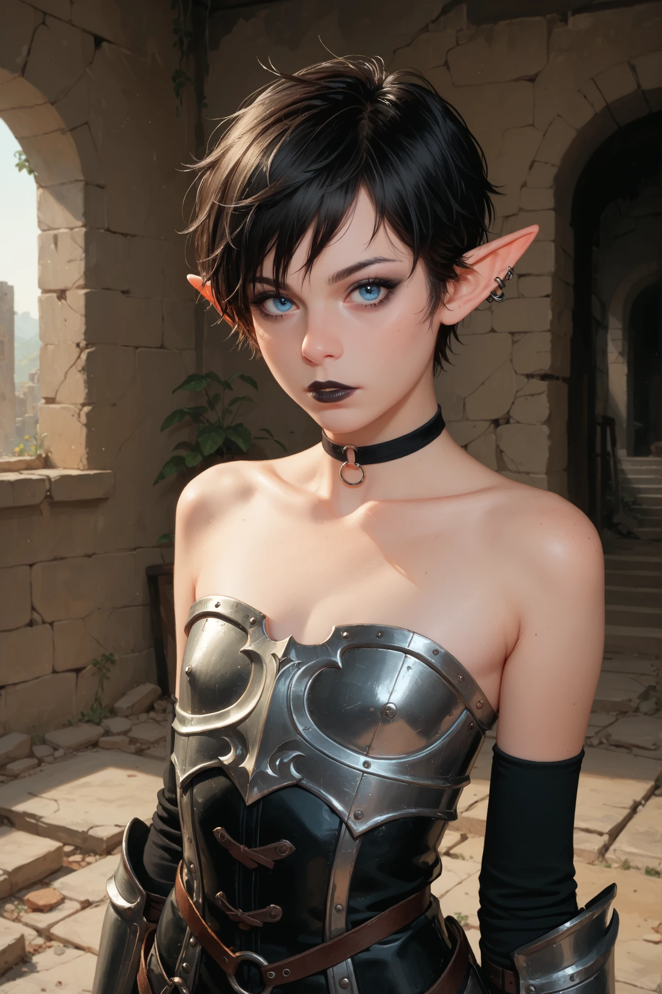score_9, score_8_up, score_7_up, score_6_up, 1girl, mascara, black eyeliner, black lips, choker, collarbone, solo, long hair, looking at viewer, blue eyes, indoors, ruins, stone wall, tomboy, choker, ((elf ears)), ((flat chest)), ((black hair)), ((very short hair)), ((androgynous female)), ((goth elf)),, ((elf girl)), (fantasy armor)),((full armor))
