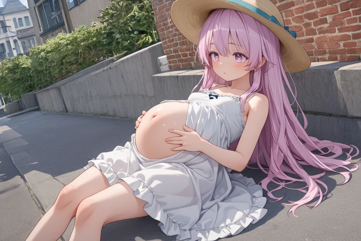((best quality)), ((masterpiece)), (detailed), 1girl, goddest, gorgeus, big , thick thigh, white robe, thigh robe, halo, pink hair, pink eyes, pregnant, sitting