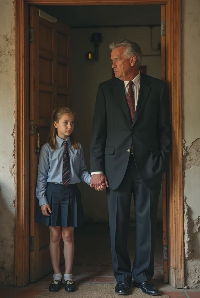 ((Grandfather has his granddaughter on his knees.)). ((Grandfather kissing granddaughter on the mouth)), The granddaughter is attractive. ((rubio)), thin face of a top model, in school outfit, she is and ((grandfather puts his hand on the girl'crotch)) ((in front of grandfather)). side view , long legs, black platform high heels, Full body photo, school girl, ((grabddaughter is on knees)), sexual, ((grandfather lifts granddaughters skirt))