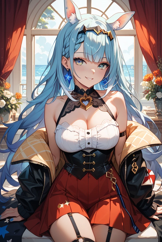 最high quality、best image quality、masterpiece、girl((20-year-old、 By becoming、vest bust、medium bust,wide open breast tea、shining eyes, light blue hair、long hair、thin,highest valley、ponytail、action of looking up、bandage、black dress、long skirt、Rear view、emphasize the buttocks,surprised face、mid-waist、tears)),high quality、beautiful art、background((Gorgeous castle、beautiful atmosphere))、Flight、debris flies、Depth of written boundary、movie、visual art、perfect art、8k,genuine、