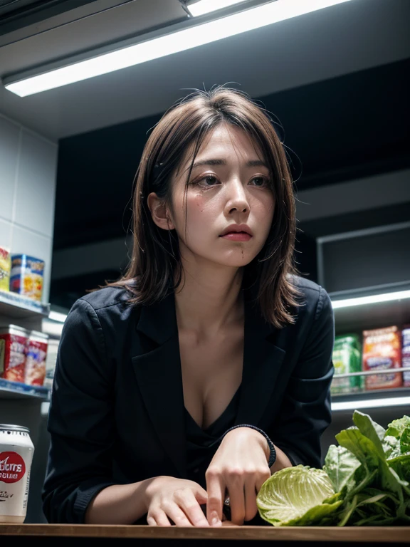 NSWF,One girl,Mature Woman,40 years old,alone,short hair,whole body,storehouse,Moody lighting,Tyndall effect,Cinema Lighting,Lens flare,Available Light,Rim Light,Curvy,Tank top,Japanese girl,