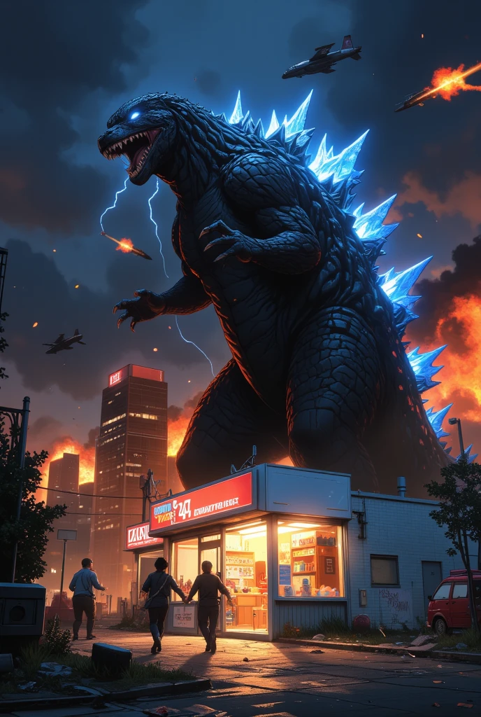 Concept:
Hi3_godzilla, Godzilla attacks a city at night, his enormous foot about to crush a small convenience store.

Main Character:
Hi3_godzilla, with glowing blue eyes, an open snout, and a bright blue light emanating from it, his enormous scaly foot raised in the air, just above a small convenience store. His expression is ferocious and unstoppable, lightning and a blue aura surround his body.

Other Characters:
A terrified store employee and several civilians run out of the store, their faces filled with panic. They are illuminated by the store's lights and explosions in the background.

Action/Interaction:
Godzilla's foot is in the air, just a moment before impacting the store. Humans flee the store, trying to escape. Fighter jets cross the sky, launching missiles toward the monster. The city is in a state of total emergency.

Background:
The scene takes place in a dense urban area at night. Skyscrapers burn in the distance, emergency lights flash everywhere, and the sky is filled with smoke and glowing clouds. The "24/7" convenience store is small, well-lit, and, curiously, untouched—for now—making the impact even more dramatic.

Visual Highlights:
Fire, smoke, and debris fill the air. The contrast between the enormous figure of Godzilla and the tiny store creates a powerful effect of scale. Explosions are reflected off the buildings, while the street is littered with abandoned objects, broken glass, and flickering lights.

Lighting and Atmosphere:
A dark and dramatic night scene with intense orange and red hues from the burning buildings. Emergency lights, spotlights, and explosions create stark contrasts of light and shadow. The atmosphere is apocalyptic, intense, and chaotic.

Style:
Realistic cinematic artwork with highly detailed textures: Godzilla's skin, the destruction, the flames, and the people's expressions are all crisp and expressive. Emphasis on scale, destruction, and dynamic movement.