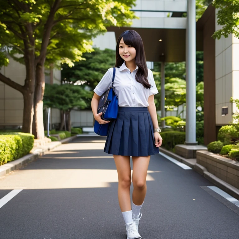1girl, solo, (Indonesian_high_school_uniform), sitting, cute pose, (ultra wide angle shot: 1.4), beautiful scenery, detailed face, little smile, beautiful eyes, thick breasts, slim body, smooth realistic skin, tight short sleeve white shirt, grey-blue tight miniskirt, looking at the audience, low angle shot,(8k, RAW photo, best quality, masterpiece: 1.2), (realistic, realistic: 1.37), ultra-high resolution, super detailed, Cherry blossoms falling in the background,In front of a pedestrian crossing,A girl standing upright with her legs shoulder-width apart, Beautiful face in every detail, ideal skin, gentle expression, Front view, angle from below, realistic, cute, short skirt, Crouch deep in the city, whole body, smile, collared shirt,put the backpack aside