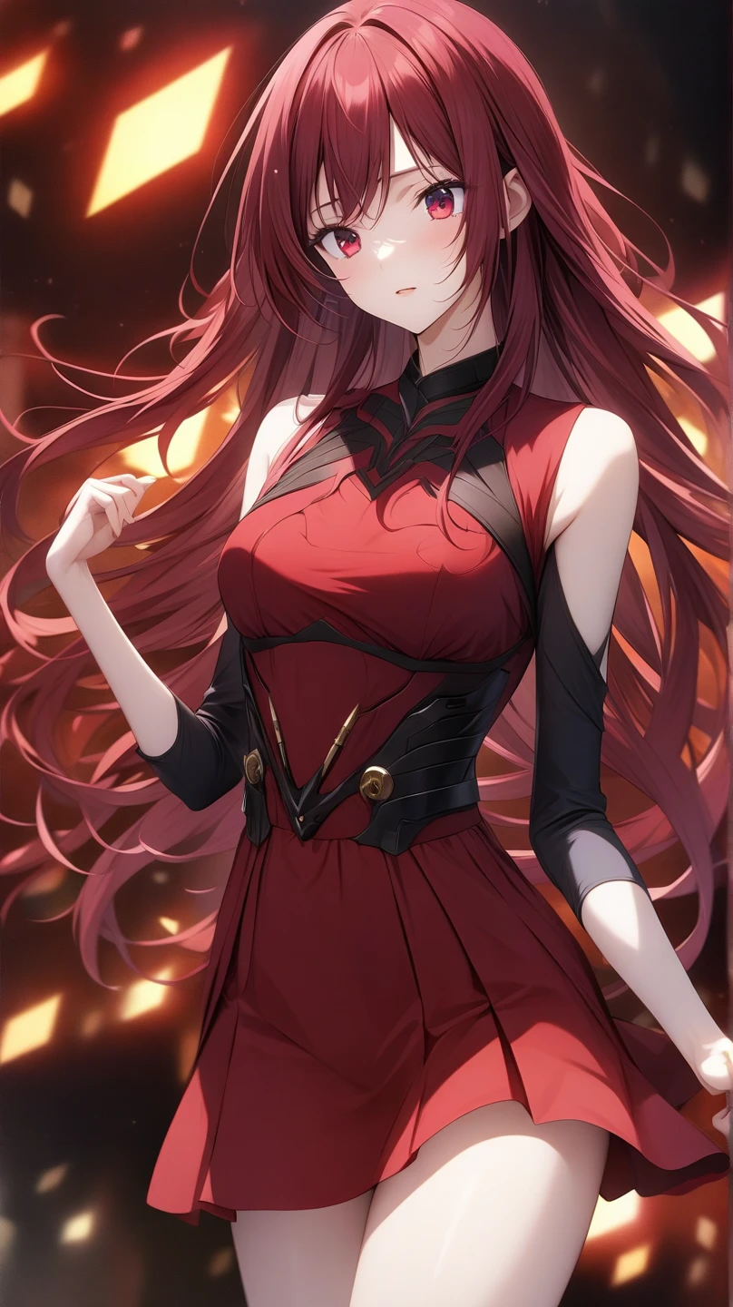 Sorceress girl, red magic dress, red ponytail hair, red eyes, athletic build