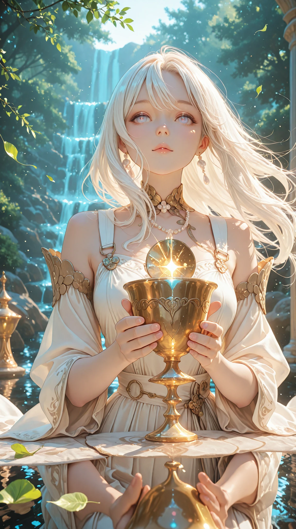 Dynamic perspective angle shot, A digital art image shows an angel with a gold cups, long white hair, beautiful light pearl colors eyes, both hand has a cup. She looks calm and focus   .She wears light-weight flowing fabric . stand in the river  . The background features a riverside , creating a calm atmosphere. Wind blowing leaves.The lighting is soft and diffused, enhancing the fantasy aesthetic. The composition is balanced, with the women centered in the frame, drawing attention to her cups.The overall style is reminiscent of digital painting, with smooth textures and vibrant colors.