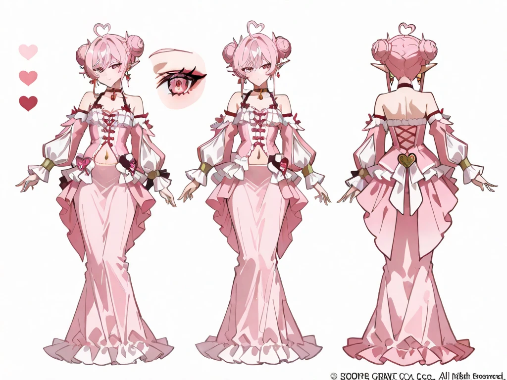 ((Masterpiece, Highest quality, Accurate, UHD)), 
((character design sheet: 1.2), (Line Art), (Detailed character sheet), (anime studio style)),
((Simple background), (sketch art:1.2)),
((multiple view:1.2), (full body:1.2), (detailed face), (3 different angles), (body parts), (full esbian body), (full of details), (multiple items), (multiple poses and expressions)),
((accurate anatomy, best anatomy hands, accurate eye, best anatomy eye)),             
(do not go beyond the edges of the image:1.65), (rating:safe),

1 girl, medieval character
  a Princess, Very beautiful, ((she has pink hair with a princess's crown, Hime Haircut)), wore pink and gold princess's dress, luxurious, ornately decorated, very beautiful.  Highly balanced natural light)), ((gold and pink lace stockings  Decorated with floral patterns)) 