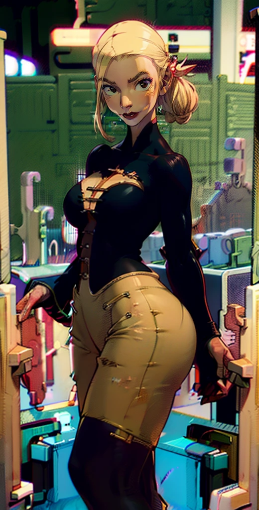 Una mujer con un vestido verde sentada en una repisa, Tatsumaki de One Punch Man, Hermosa chica de anime en cuclillas, Fubuki, Thicc, Ella lleva un vestido verde oscuro, Tatsumaki, peeping from behind, Postura de la espalda, Full growth from behind, Growing from behind, seductora chica de anime, Anime woman