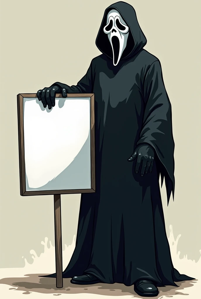 draw a drawing in the proportions 2000x 2000, with a completely white background, colored in the cartoon style of the character from the film Scream, holding an open book in his right hand, pointing the index finger of his left hand at someone