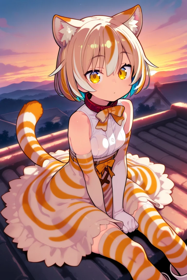 master piece, best quality, highly detailed, ultra detailed, extremely CG unity 8k wallpaper, 
1 girl,15 years old, (loli:1.1), cat ears, blonde wavy short hair, ,big eyes, yellow eyes, big breasts, smile, 
(yellow Chinese dress:1.2), (side slit dress:1.2), too short dress, dress is crotch length, sleeve less, thongs, underwear, dress lift, white panties, 
