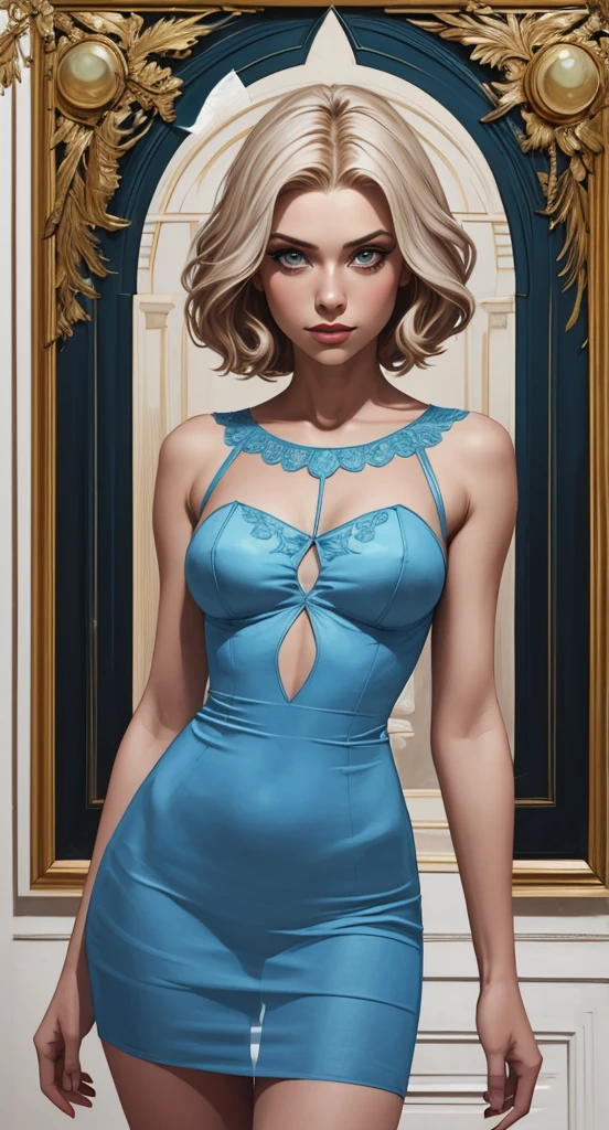Hot blonde girl with short hair, blue eyes, wearing a Yellow strapless dress with bare shoulders and long sleeves, short dress showing her thighs