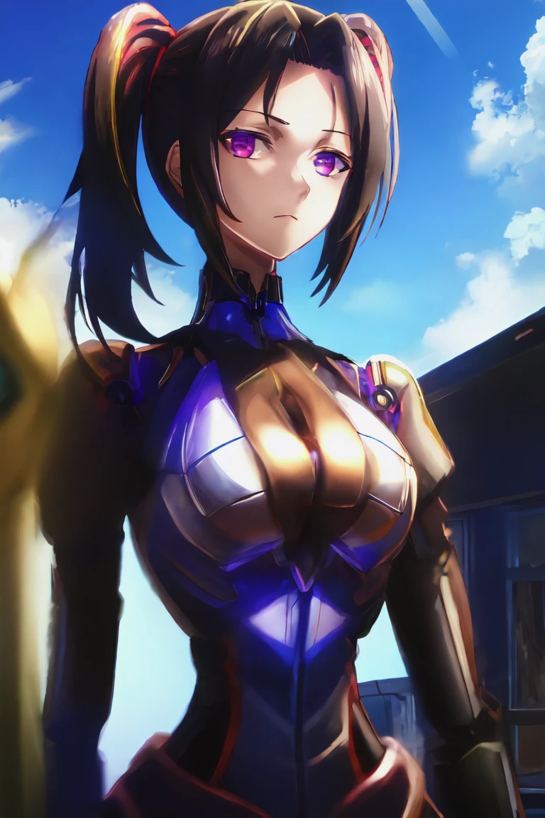 highest quality、Realistic、Women、zoom、Cobalt blue eyes、maroon short hair、Tempered body、Hero Suit、Glossy white bodysuit、Blue and gold accents、slender、Dark Skin、Rooftop、An inappropriate smile、Bust Shot、