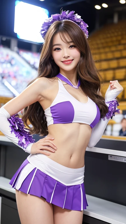 (((highest quality、8K、realistic:1.4、masterpiece)))、Backlight、Woman with highly detailed facial texture、18-year-old、(((Purple Cheerleader:1.2)))、((stadium background:1.2))、with arms raised、beautiful makeup、laughter、open your mouth、short hairstyle with shiny purple hair,,,、cowboy shot。silver hair。short hair。split sleeves, bare shoulders, central opening, cleavage, central chest、gray hair。purple hair。panty shot。black panties