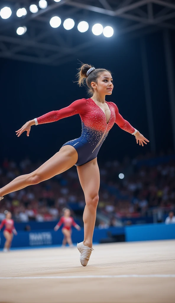 Create a high-definition image of female gymnasts performing a perfect jump. Visualize them with supermodel beauty, showcasing expressive eyes and joyful, proud expressions. They are dressed in their respective country's athletic uniforms, each adorned with their national colors and symbols. Their attire is neat and professional, reflecting their dedication and hard work. The scene is set in an Olympic stadium with a vibrant and energetic atmosphere. The background features the iconic Olympic rings, banners, and a cheering crowd. Capture the gymnasts in mid-air, with perfect form and grace, highlighting their full bodies to showcase the details of their uniforms and their athletic prowess. The overall ambiance should be festive and grand, with a focus on the gymnasts' achievements and the celebratory nature of the event. Ensure anatomical correctness, with detailed textures and high-quality rendering, capturing every nuance of the gymnasts' appearances and the Olympic setting. Keywords: (female gymnasts), (supermodel beauty), ((perfect jump):1.2), ((mid-air):1.1), (Olympic stadium), (celebratory atmosphere), ((Olympic aesthetics):1.3), ((athletic uniforms):1.1).