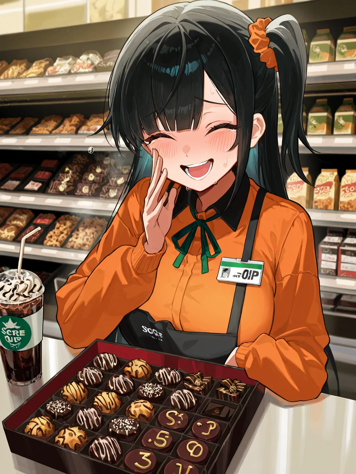 score 9, score 8 up, score 7 up, score 6, score 5 up, masterpiece, best quality, amazing quality, very aesthetic, absurdres,anatomically correct,anime,2d,
 
working in a mini store at night, serving customers, several products for sale in sight such as chocolates,  soft drinks ,  cigarettes , candies,etc,laughing