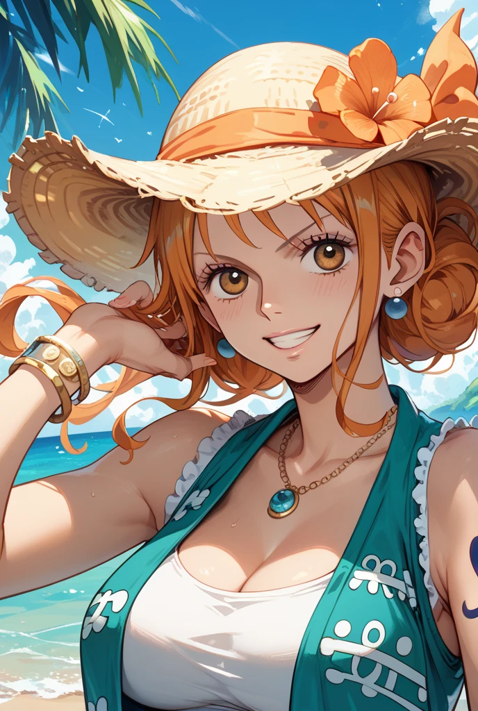 highest quality、4K、Perfect Face、Perfect Style、perfect body、Sunburn、beautiful、mature、long curly layer brown hair、Swept-back hair、sexy 、charming、healthy、hat with brim、smile、one piece、at beach