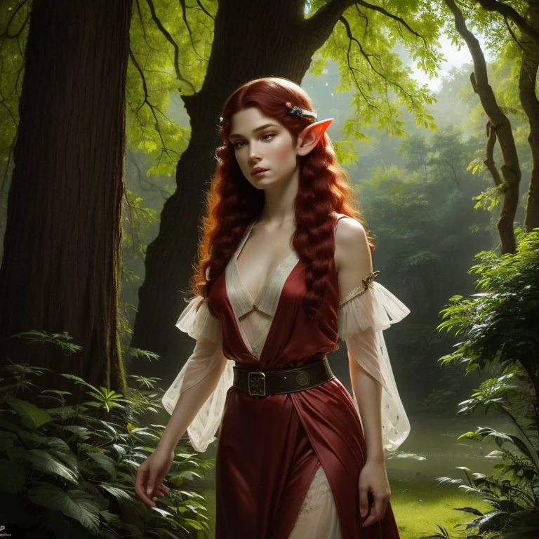 Create a highly detailed image of Elaria Nightshade, a beautiful female elf from the woods. She stands at 1.55 meters (5'1") with a voluptuous and delicate build, featuring a narrow waist, wide hips, and a generous bust. Her skin is pale, like marble, smooth and flawless, with an ethereal glow. Elaria has long, straight, intense red hair cascading to the middle of her back, shiny and silky, often worn loose or intricately braided. Her face is oval-shaped with high, well-defined cheekbones, and her striking facial features include large, almond-shaped emerald green eyes with a bright, intense, and mysterious glint. Her fine, slightly arched eyebrows are a darker shade of red than her hair, framing her eyes perfectly. She has a small, straight nose, full, naturally rosy lips with a velvet-like texture, often curved in an enigmatic smile. Her slightly pointed ears, typical of elves, are usually hidden beneath her hair.
Create a highly detailed image of Elaria Nightshade, a beautiful female elf from the woods. She stands at 1.55 meters (5'1") with a voluptuous and delicate build, featuring a narrow waist, wide hips, and a generous bust. Her skin is pale, like marble, smooth and flawless, with an ethereal glow. Elaria has long, straight, intense red hair cascading to the middle of her back, shiny and silky, often worn loose or intricately braided. Her face is oval-shaped with high, well-defined cheekbones, and her striking facial features include large, almond-shaped emerald green eyes with a bright, intense, and mysterious glint. Her fine, slightly arched eyebrows are a darker shade of red than her hair, framing her eyes perfectly. She has a small, straight nose, full, naturally rosy lips with a velvet-like texture, often curved in an enigmatic smile. Her slightly pointed ears, typical of elves, are usually hidden beneath her hair.