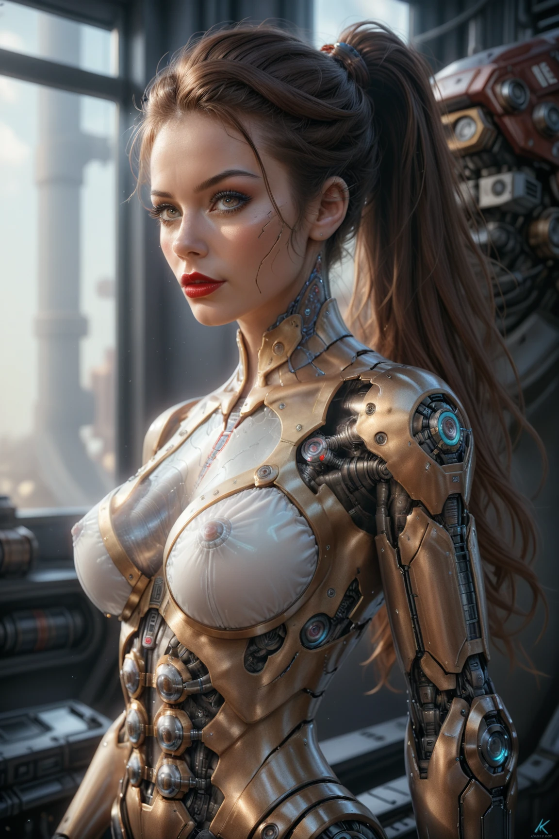 "((Hyper-realistic)) cyborg, Sorayama-esque, ((mecha gold body)), ((translucent glass limbs)), mechanic outfit, ((girl with attitude)), dynamic lighting, intricate reflections, ((edgy cyberpunk atmosphere)). Golden hair,golden eyes ,all golden ,yoga pose ,military pose,emo