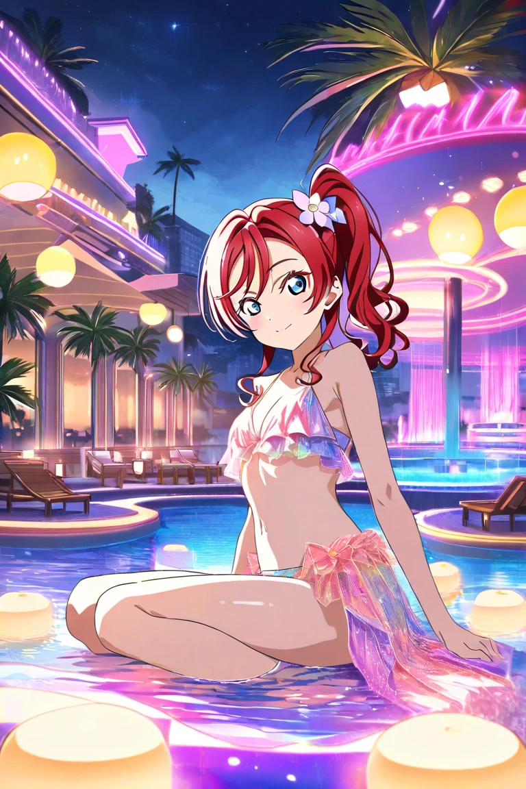Masterpiece, Best Quality, extremely detailed, cheered up, girl,night pool,high waist bikini,SMILE,:d,action,(small breasts),ass focus
