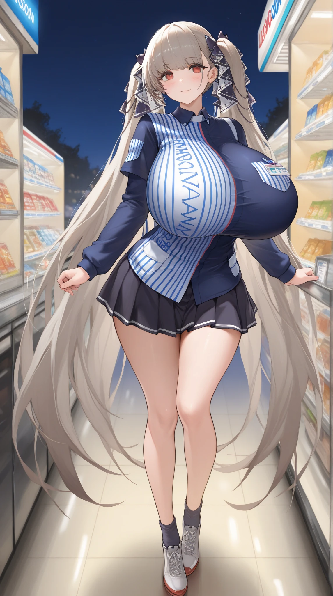 1 girl, Whole body image、 Gal、Brown eyes, Glowing Skin、Long blonde hair,, ((convenience storeの制服を着用:1.4))、Big Breasts, , Center View, High resolution, Ultra Sharp, 8k, masterpiece、convenience store、sweating、Grin、Navy blue pleated skirt、Pink panties、Panty shot、Angle from directly below