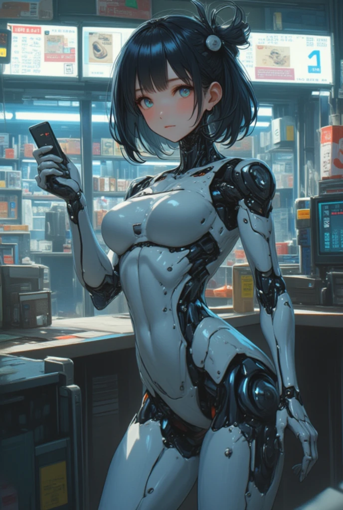 masterpiece, best quality, extremely detailed,8k portrait, Japaese android Girl,Plump , dark black leg cover,announcer,control panels,android,Droid,Mechanical Hand, Robot arms and legs, Black Robot Parts,Black hair,Mechanical body,Blunt bangs,perfect mechanical abdomen,White robotics parts,perfect robot woman,future laboratory,cyber pank,charging spot,laboratory,long tube,thick cable connected her neck,ceramic body ,perfect mechanical body, white robot body,lod antenna,mechanical ear cover,android,robot humanoid,black sponge joints,The removable cover is in the groin,The connection port is in the groin,opened chest panel,access panel on the chest,opened breast panel,mechanical breast,perfect machine body,She has repaired,assembly plant,wired body ,