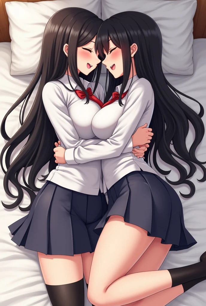 tmasterpiece 的脸, good lighting, low chest, finely detailled, tmasterpiece, glowing light eyes, 2 girls, brunette color hair, Best quality at best, Perspectives, full bodyesbian, Wide hips,Bigchest,Off-the-shoulder attire,low chest装,2 girls在拥抱亲吻,lilie,Two lesbians,Intense kisseierce hug,Chest to chest,very huge big breasts,Two girls kissing together,Two people wearing sailor uniforms,The clothes are tight