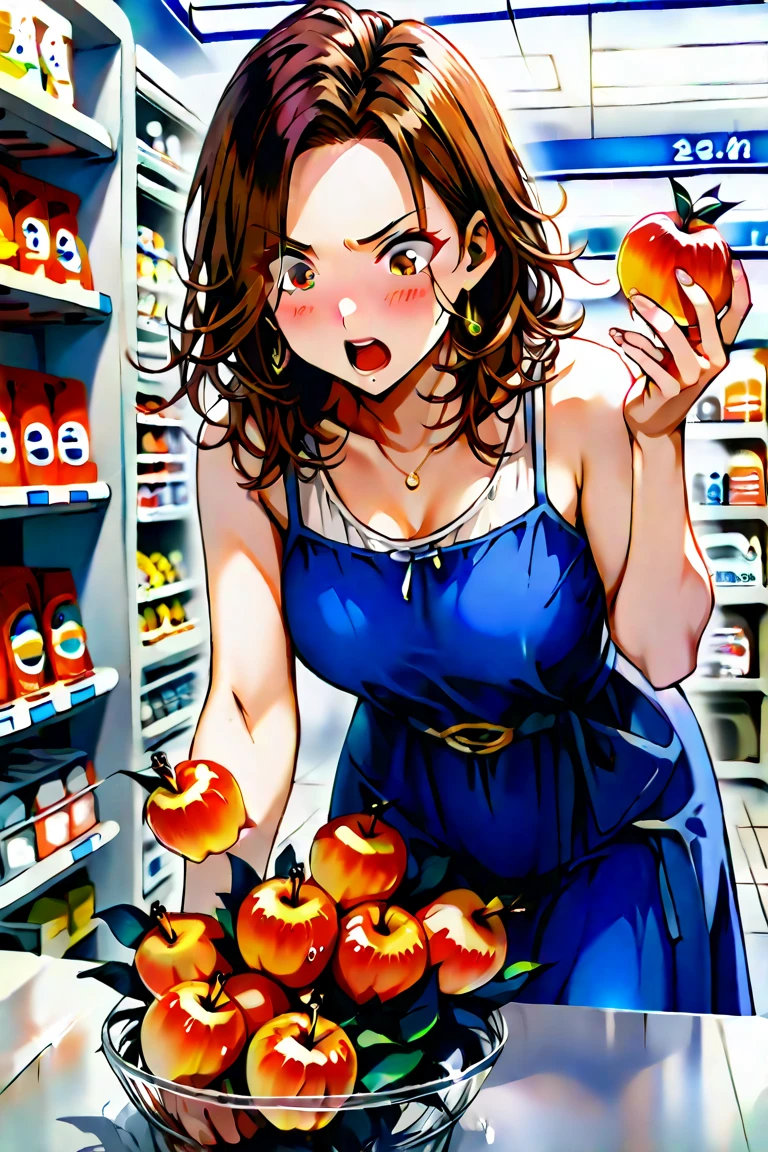 Christina Hendricks is buying (melons ) at the Grocery Store, Produce Section, lots of melons and other fruits and vegetables, add_detail,