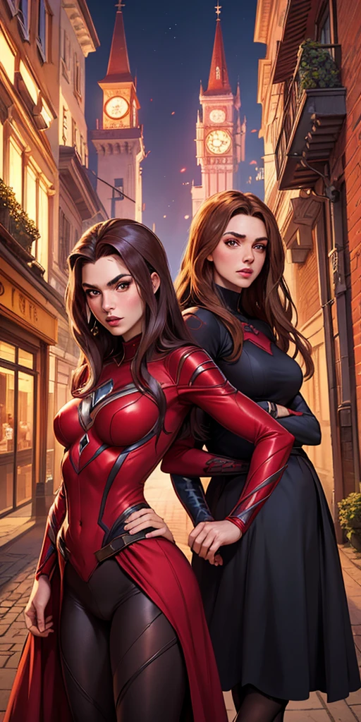 Generates an image of Marvel&#39;s Scarlet Witch kissing another woman with violet powers