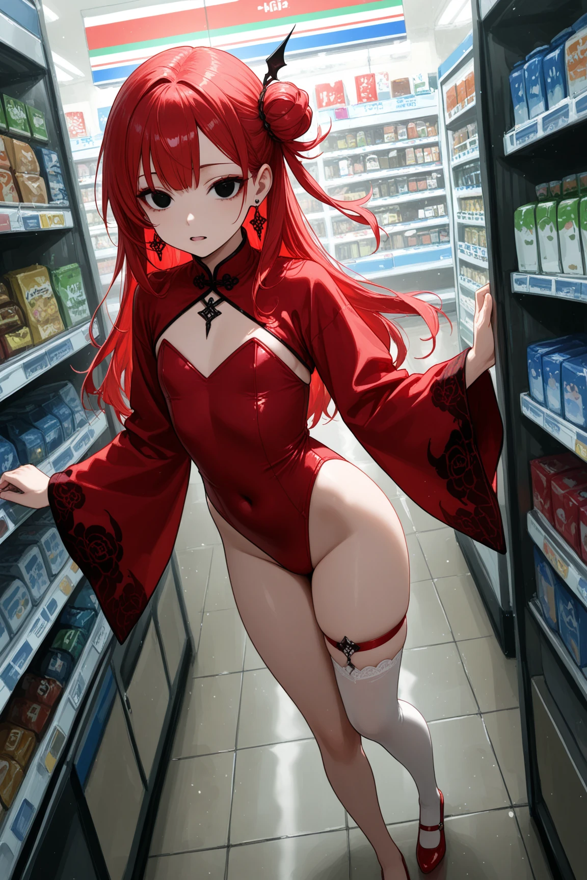 8k, best quality, masterpiece, clear, professional lighting, beautiful face, 1girl, solo, long hair, long sleeves, hair ornament, jewelry, thighs, earrings, red hair, Flat Chest、shoes, wide sleeves, white thighhighs, black eyes, thigh strap, covered navel, single hair bun, red footwear, single thighhigh, highleg leotard, single side bun, red leotard、Late night, convenience store, ghosts, evil spirits, store clerks in the form of evil spirits, shopping, creepy atmosphere
