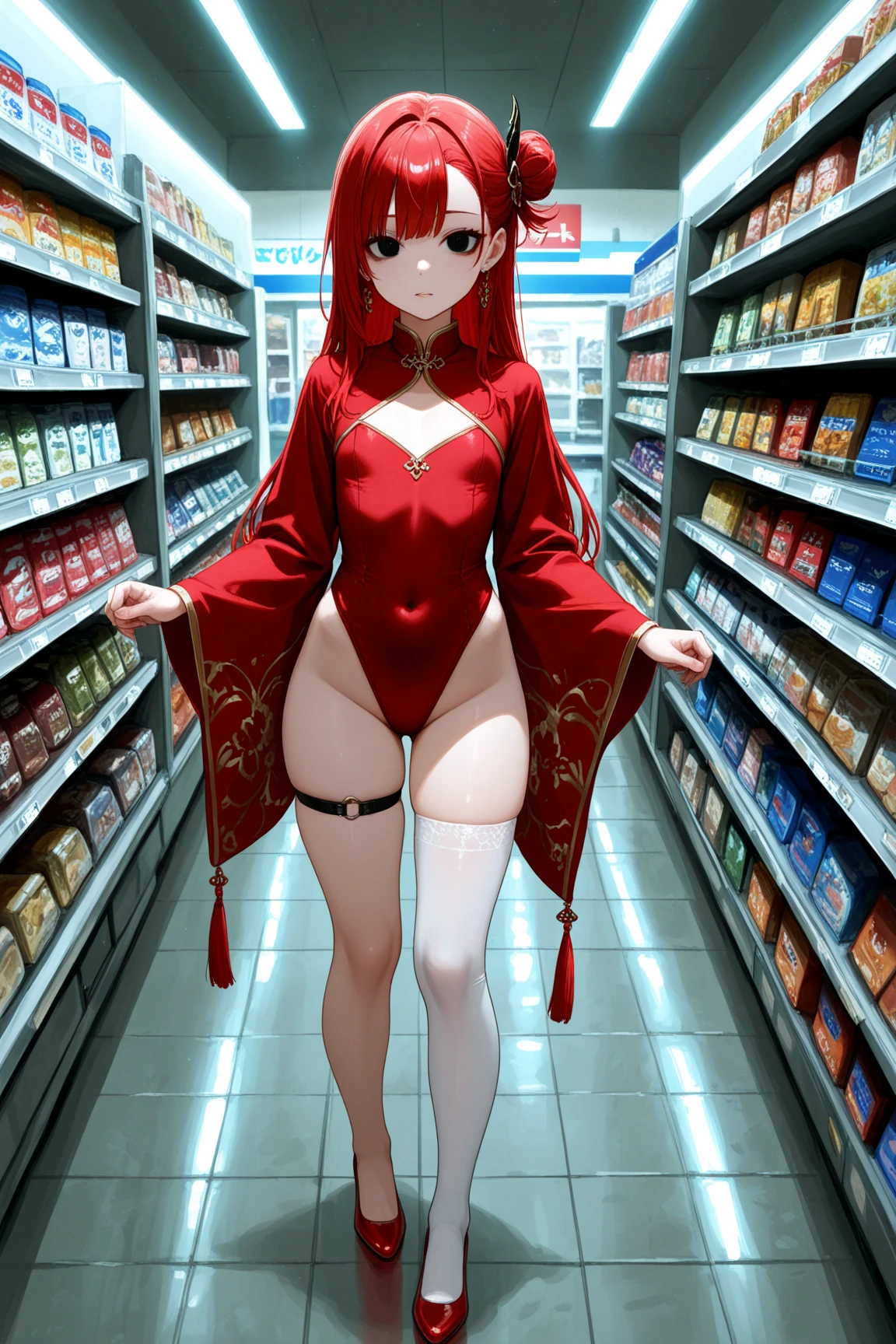 8k, best quality, masterpiece, clear, professional lighting, beautiful face, 1girl, solo, long hair, long sleeves, hair ornament, jewelry, thighs, earrings, red hair, Flat Chest、shoes, wide sleeves, white thighhighs, black eyes, thigh strap, covered navel, single hair bun, red footwear, single thighhigh, highleg leotard, single side bun, red leotard、Late night, convenience store, ghosts, evil spirits, store clerks in the form of evil spirits, shopping, creepy atmosphere