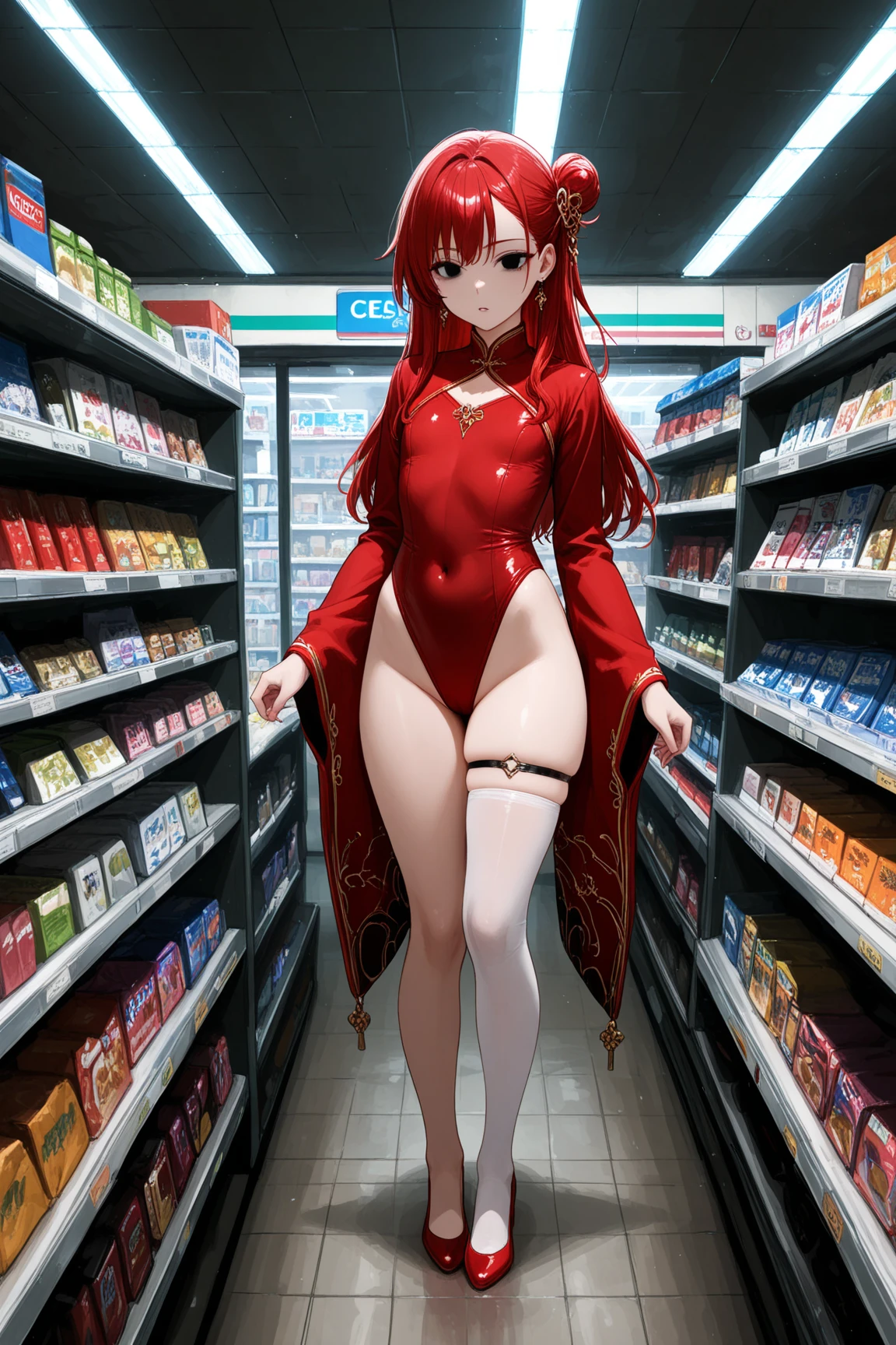 8k, best quality, masterpiece, clear, professional lighting, beautiful face, 1girl, solo, long hair, long sleeves, hair ornament, jewelry, thighs, earrings, red hair, Flat Chest、shoes, wide sleeves, white thighhighs, black eyes, thigh strap, covered navel, single hair bun, red footwear, single thighhigh, highleg leotard, single side bun, red leotard、Late night, convenience store, ghosts, evil spirits, store clerks in the form of evil spirits, shopping, creepy atmosphere