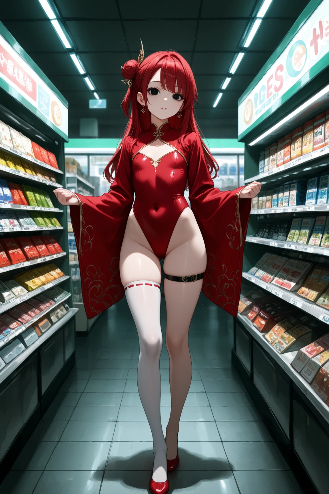 8k, best quality, masterpiece, clear, professional lighting, beautiful face, 1girl, solo, long hair, long sleeves, hair ornament, jewelry, thighs, earrings, red hair, Flat Chest、shoes, wide sleeves, white thighhighs, black eyes, thigh strap, covered navel, single hair bun, red footwear, single thighhigh, highleg leotard, single side bun, red leotard、Late night, convenience store, ghosts, evil spirits, store clerks in the form of evil spirits, shopping, creepy atmosphere