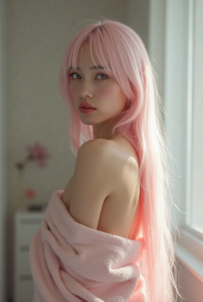 (((Very long pink hair))), (((Chest and vagina are visible, nude body))), (((Very large breast))), ((nude)), beauty: 1.5, slender abs: 1.1, Half Japanese and half Korean, 28 year old girl, Light eye makeup, light freckles,  Hair blowing in the wind, quality, Shiny Ultra-Realistic Face, glossy lips, lure, Sweaty, Watery eye, Gaze Up、Subtle lighting effects、Ultra-Realistic Capture、Very detailed、High resolution 16K human skin closeup。Skin texture must be natural、The detail must be such that the pores are clearly visible.、The skin is healthy、Even Tone、Use natural light and colors、High quality photos taken in-house by a model agency photographer、smile、(((SIGMA 300 mm F/1.4、1/1000 sec shutter、ISO 400)))